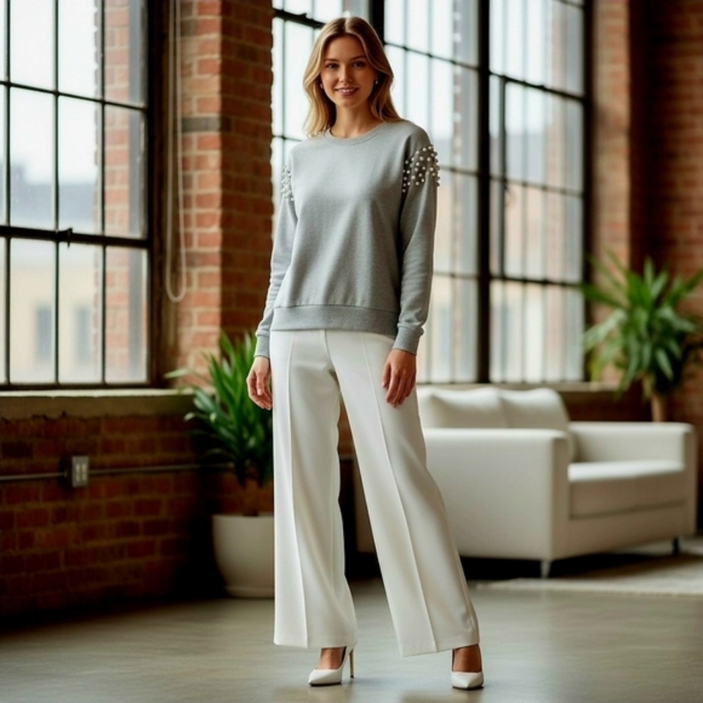 Ultra Flirt Pearl Shoulder Dropped Sleeve Sweatshirt Small Heather Gray - Picture 13 of 16